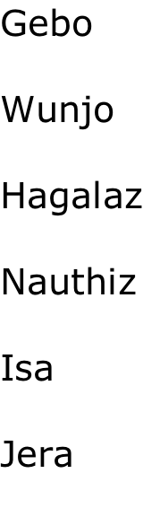 Gebo  Wunjo  Hagalaz  Nauthiz  Isa  Jera